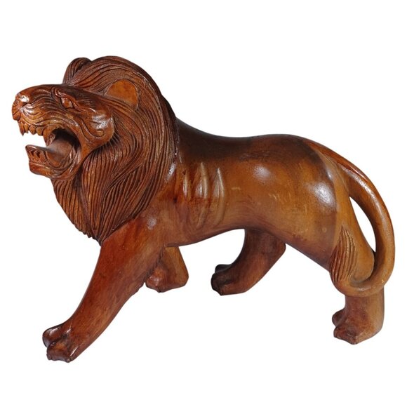 Set o2 Huge Hand-Carved Mid Century Wooden Wood  Roaring Lion Statues 17x13 - Picture 12 of 16